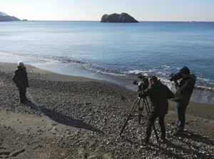 Filming on the beach in Lesbos with Margaret Mountford 