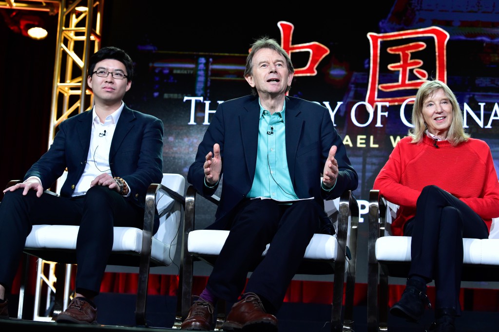 Historian, writer and host Michael Wood, producer and director Rebecca Dobbs and Harvard postdoctoral fellow Lik Hang Tsui discussing the history of China, from the ancient past to the present day. Photo Credits Rahoul Ghose/PBS